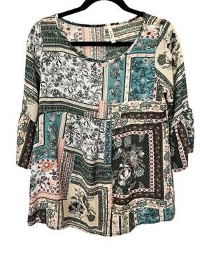 COOL MELON Blouse WOMENS SZ Small Floral Bell Sleeve Tunic 1726.3